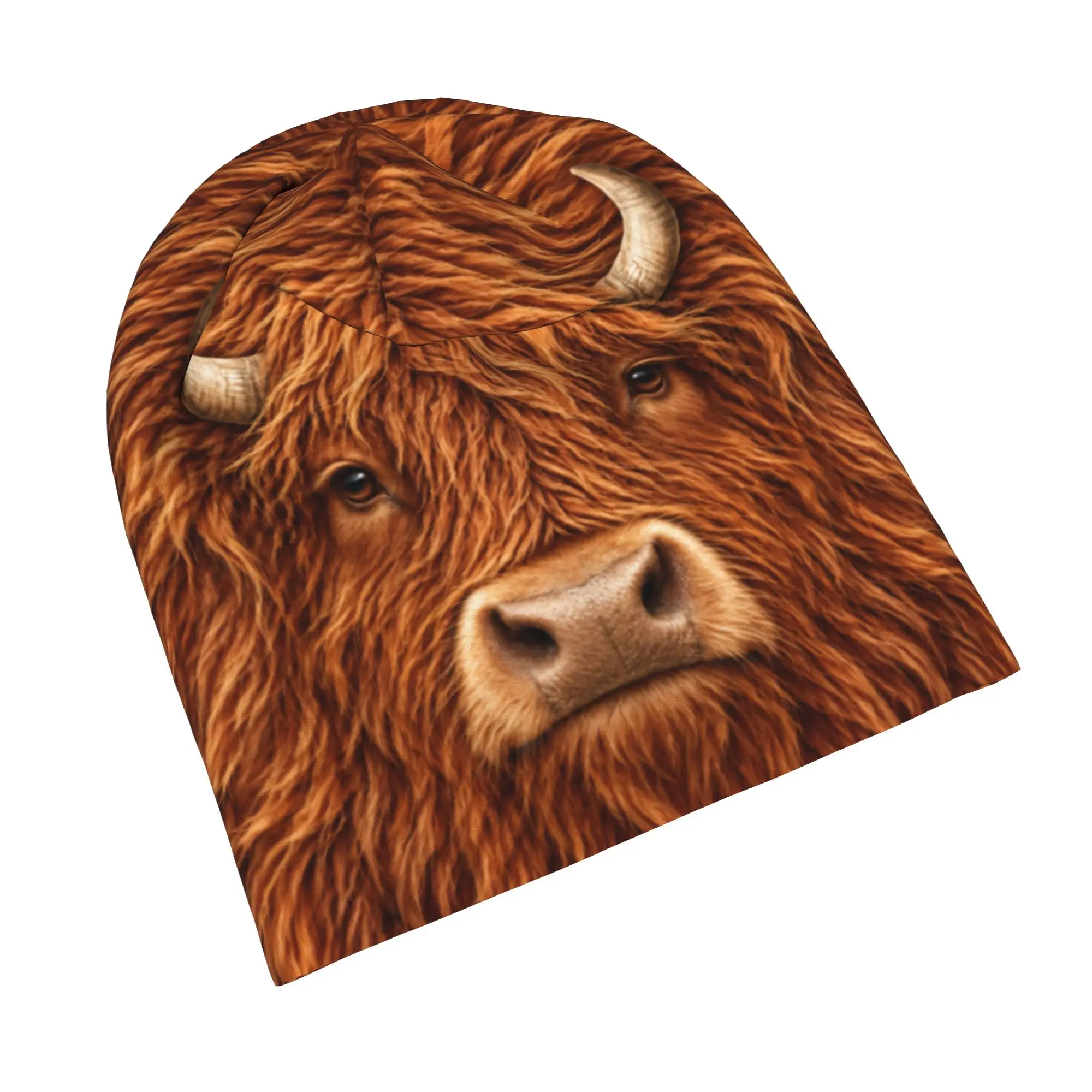 Highland Cow Print Slouch Beanie Hat for Men Women Shaggy Scottish Cattle Soft Stretch Skull Cap