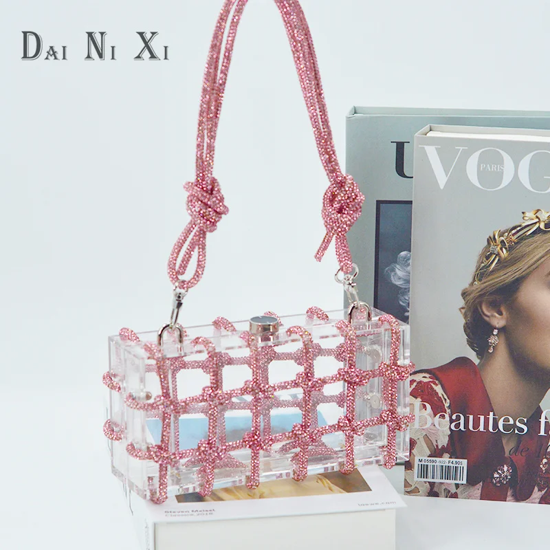 

Clear Acrylic Box Evening Handbags Women Boutique Party Clutch Bags Woven Knotted Rope Rhinestone Purse