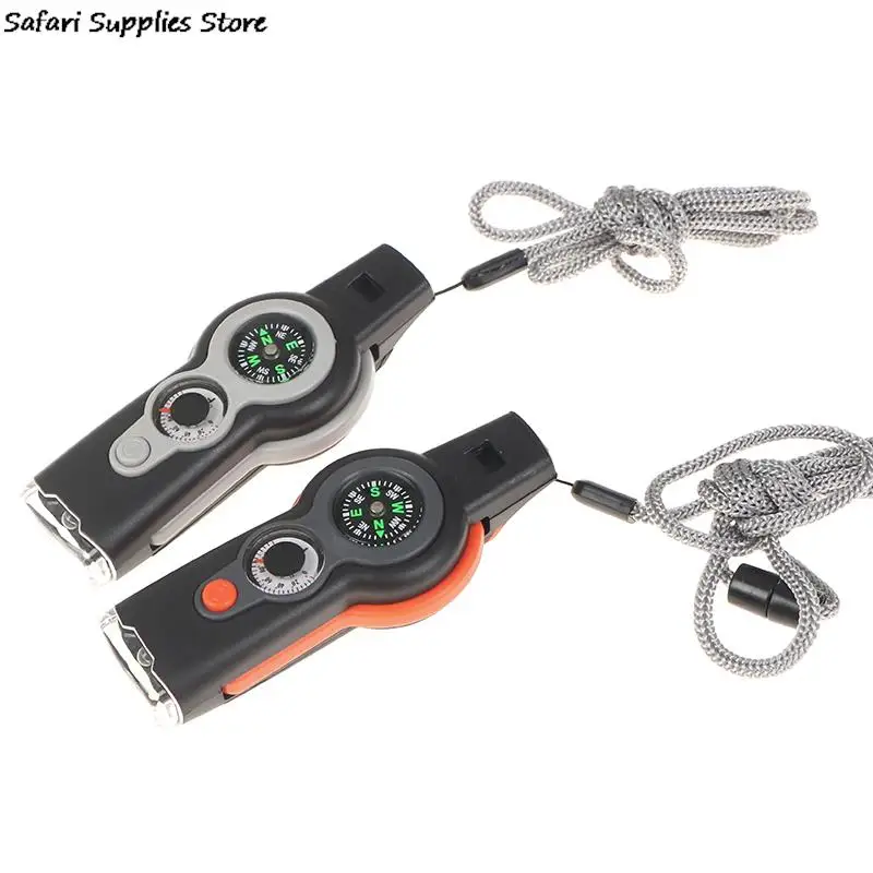 1Pc ABS Multifunction 7 in1 Outdoor Survival Whistle Keychain With Compass Magnifier LED Light Thermometer