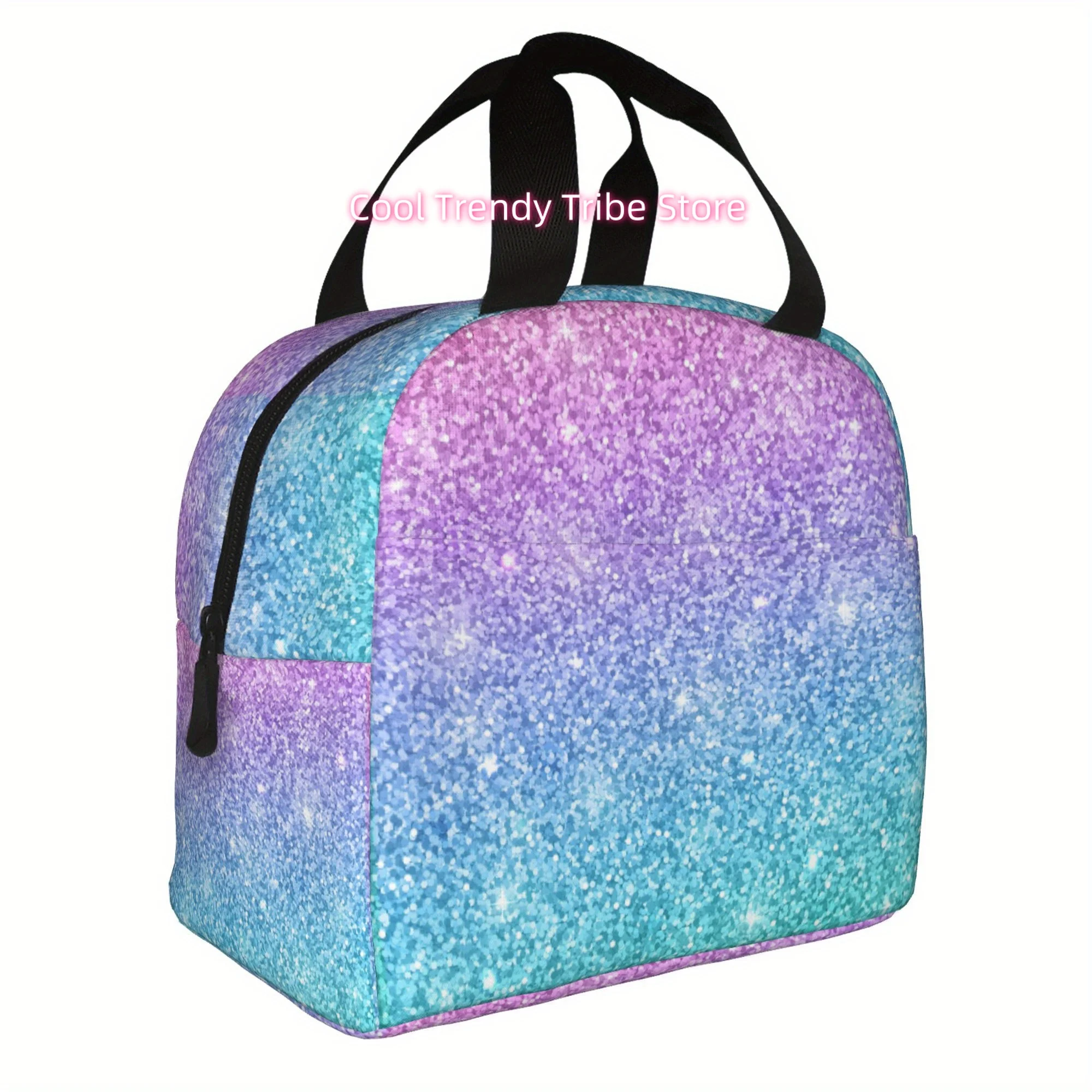 Glittery Gradient Portable Insulated Lunch Bag - Reusable, Multi-Color Cooler for Camping, Picnics & Beach Outings - Ideal for H