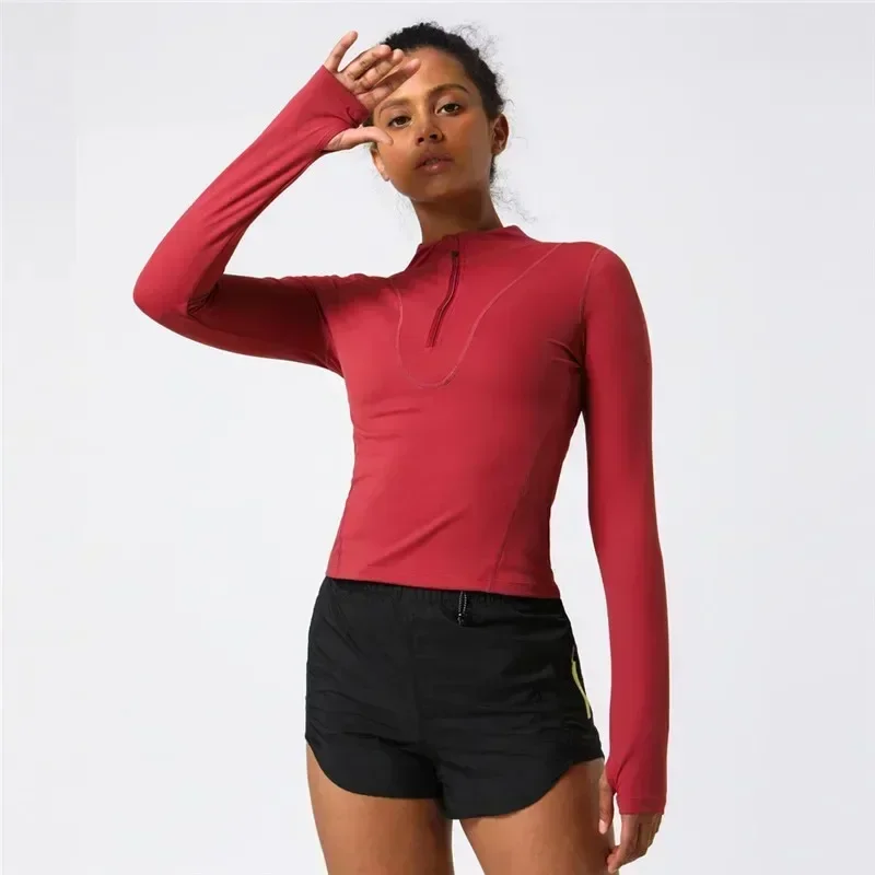 Zitrone Frauen Fitness Langarmhemd Sport Top schlank laufen vorne Reiß verschluss Yoga Shirt Daumenloch sportliche Strumpfhose laufen Fitness studio Kleidung