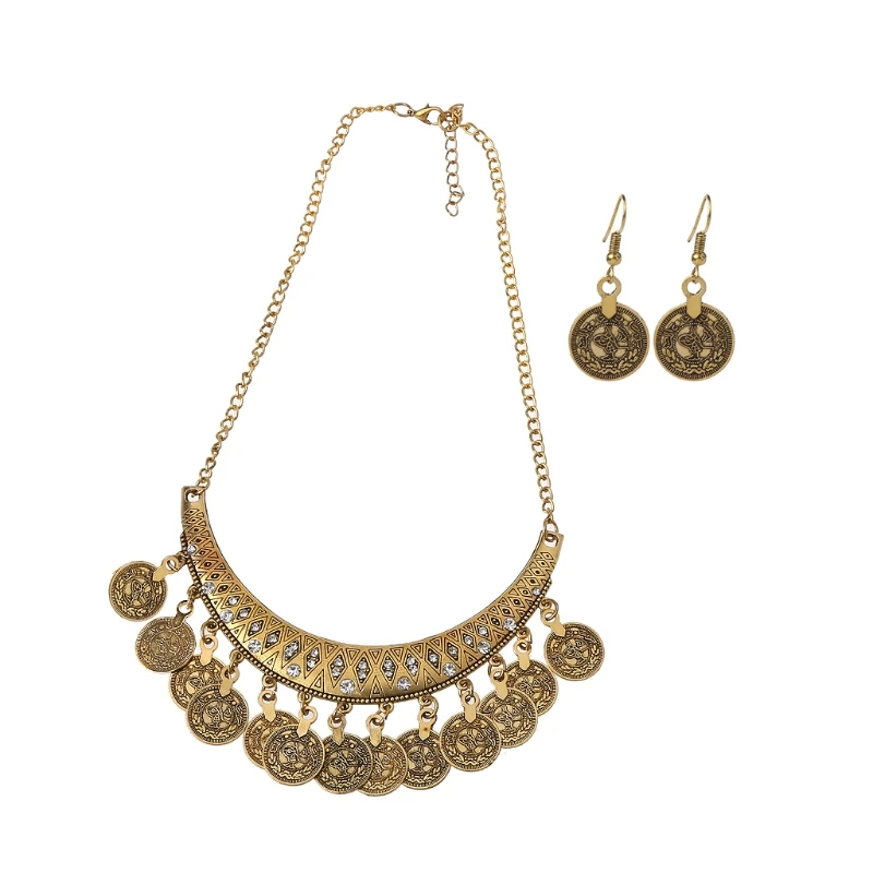 31BB 2pcs Exquisite Silver Metal Clavicle Chain Ethnic Style Coin Necklace Earring Set Gift for Women Teen Girls Daily Wear