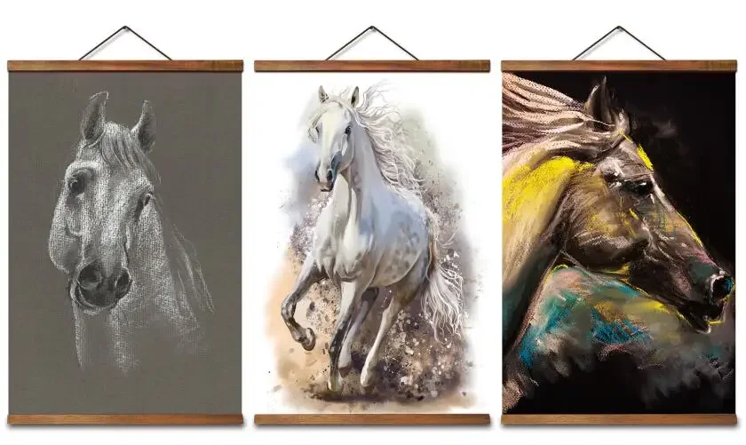 AS3097 Chinese Style Horse Room Wall Art Canvas Posters Solid Wood Scroll Paintings