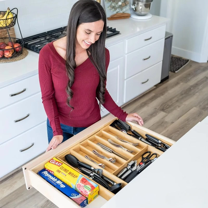 

Desktop Storage Organizer for Kitchen Tools, Cutlery Display Cabinet, Bamboo Drawer Divider for Home or Office