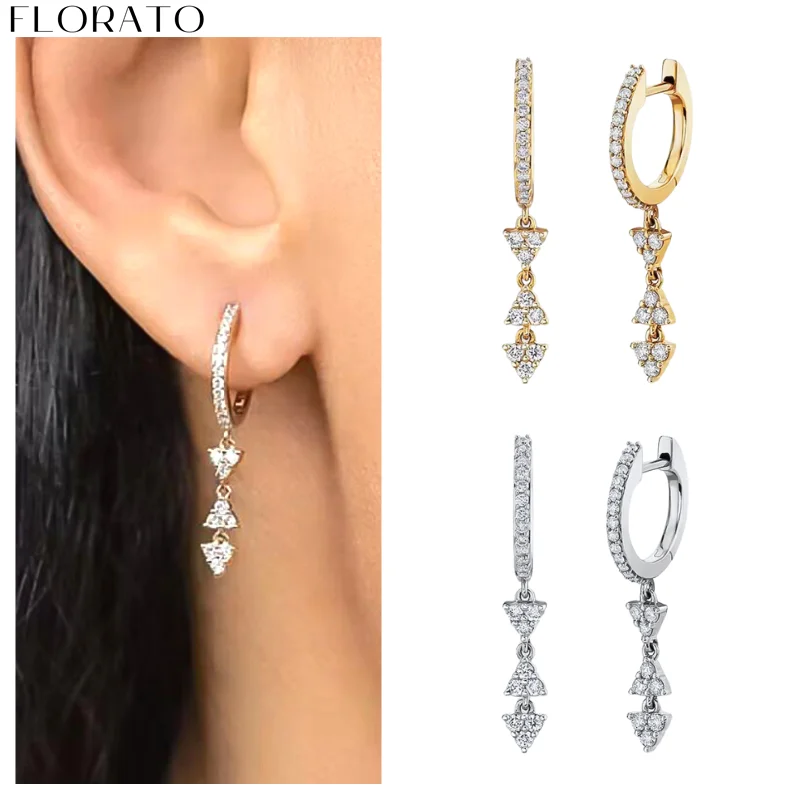 FLORATO 925 Sterling Silver Earrings Triangular Zirconia Pendant Hoop Tassel Earrings for women Fashion Luxury Wedding Jewelry