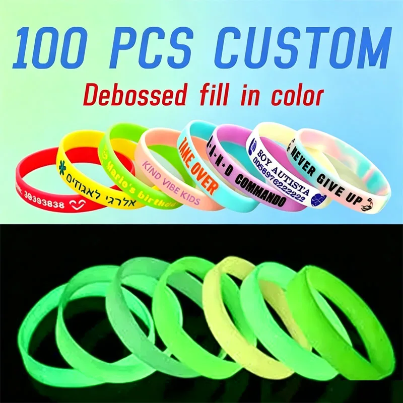 100pcs/50pcs Custom Silicone Bracelets Woman Men Personalized Rubber Elastic Gifts Luminous Wristbands For All Party Events