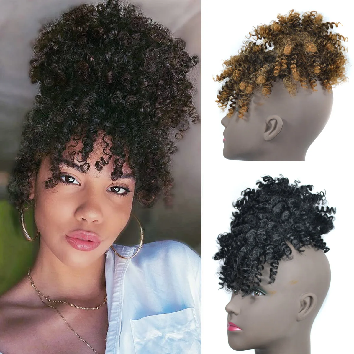 

Synthetic African Style Drawstring Ponytail with Bangs Clip in Afro Puff Short Kinky Curly Hair Extensions Wrap Updo Hairpiece