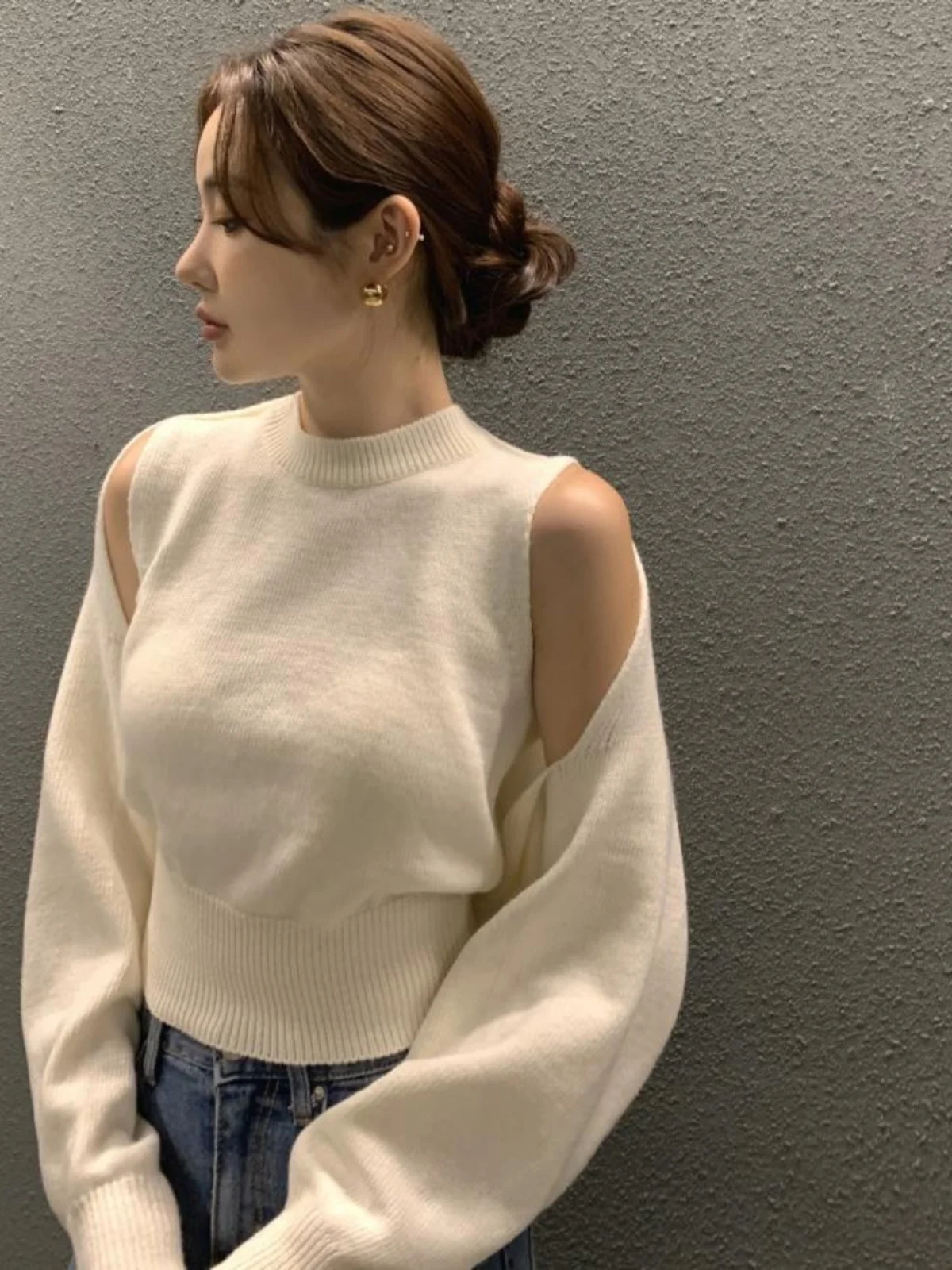 

Slim Fit Knitted Vest Women's round Ne Long Sve Sweater Cardigan oulder Pad Set Faionable Cotton Blend Autumn Wear