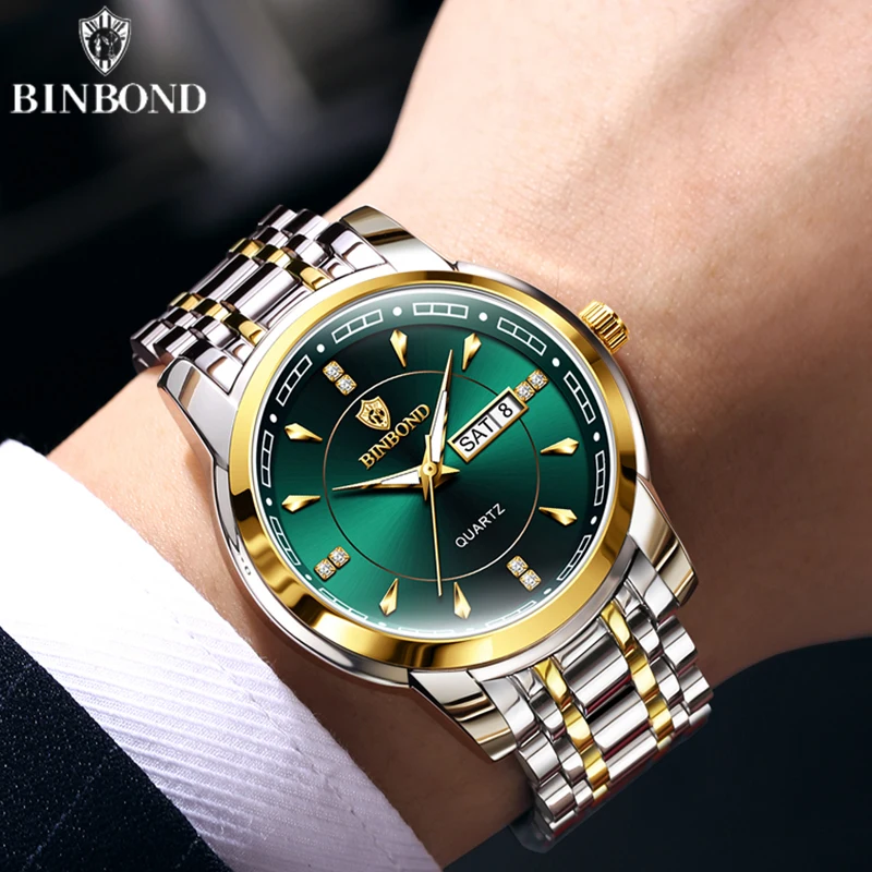 Брендовые кварцевые часы BINBOND для мужчин, элегантные водонепроницаемые светящиеся мужские часы с датой недели, спортивные мужские часы из нержавеющей стали Reloj