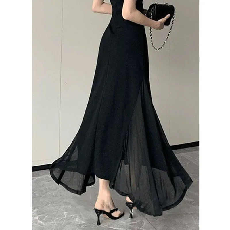 Vestido coreano de tirantes finos con cuello en V para mujer, vestidos de fiesta sexys con espalda descubierta y cintura ajustada, vestido Midi transparente negro elegante para mujer, nuevo