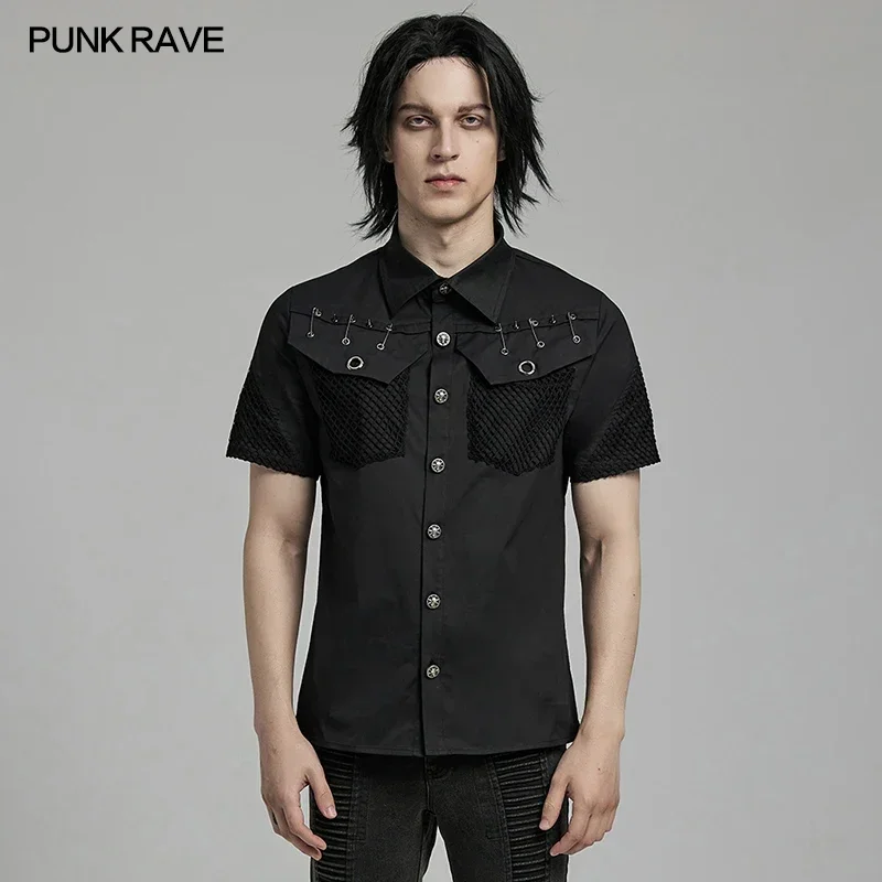 

PUNK RAVE Men's Cool Handsome Elastic Woven Short Sleeved Shirt Punk Rivets Minimalist Versatile Tops Men Clothing