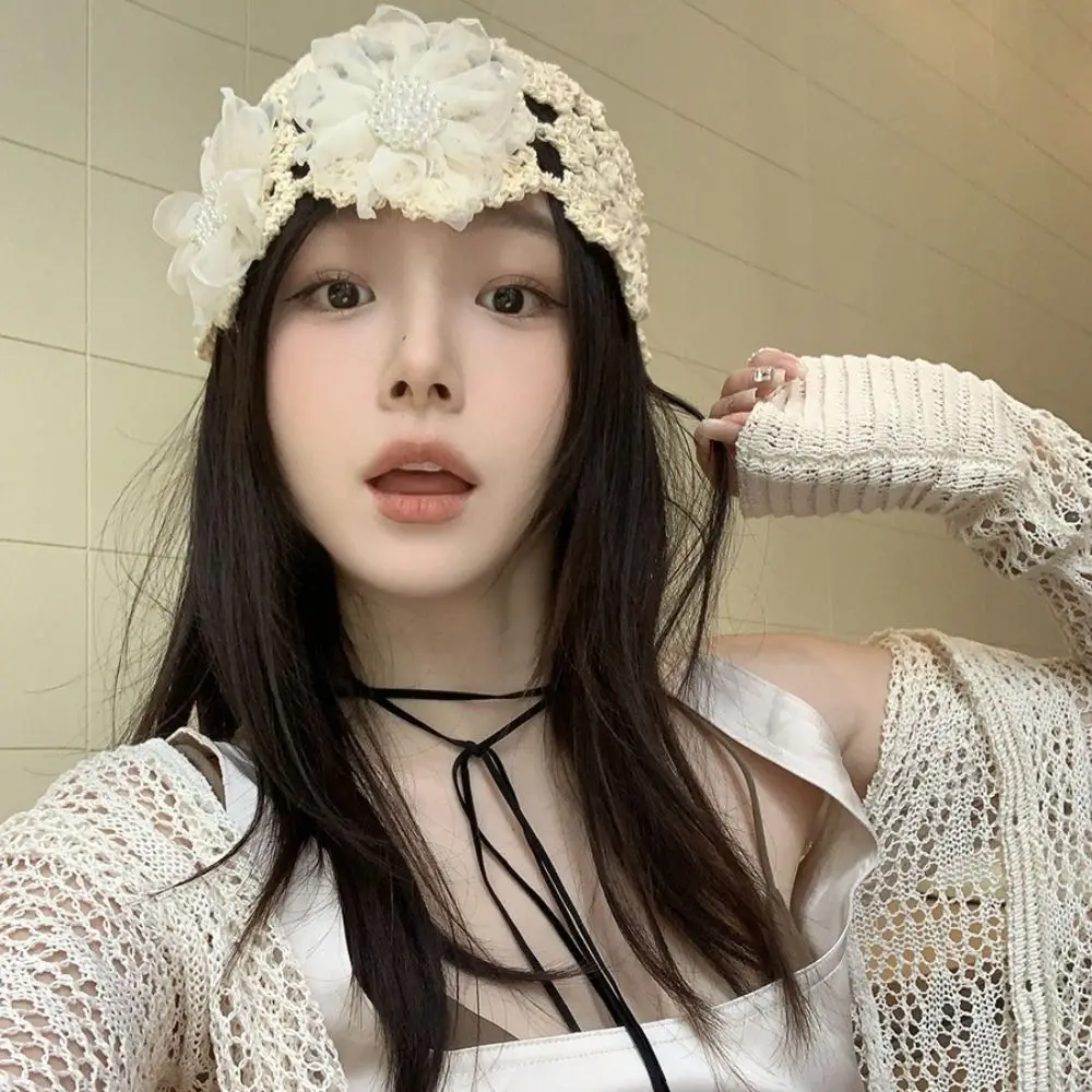 Breathable Hollowed Out Knitted Hat Lace Flowers Beret Cap Casual Summer Skullies Hat for Women