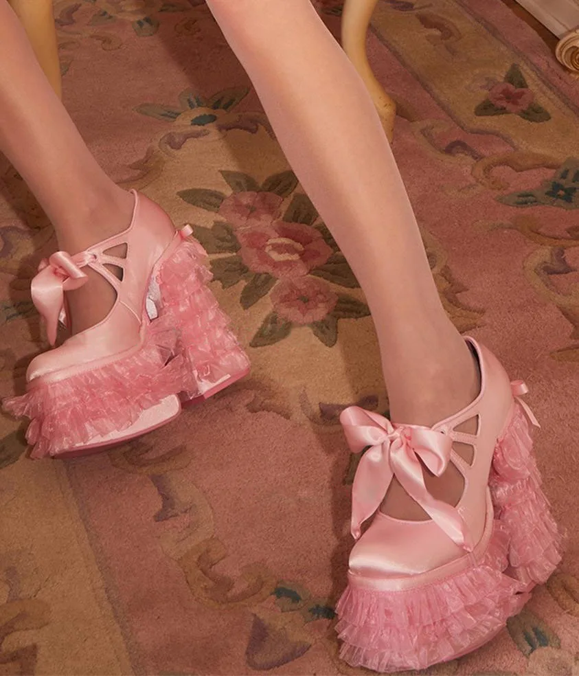 Sweet Satin Ruffles Platform Lolita Pumps Women Round Toe Pink Chunky Heels Skirt Shoes Female Ribbon Butterfly Lace Up Shoes