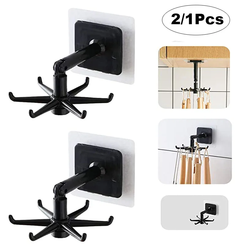 2/1Pcs 360 Degrees Rotated Kitchen Hooks Self Adhesive 6 Hooks Wall Door Hooks Kitchen Utensil Hanging Storage and Organizer