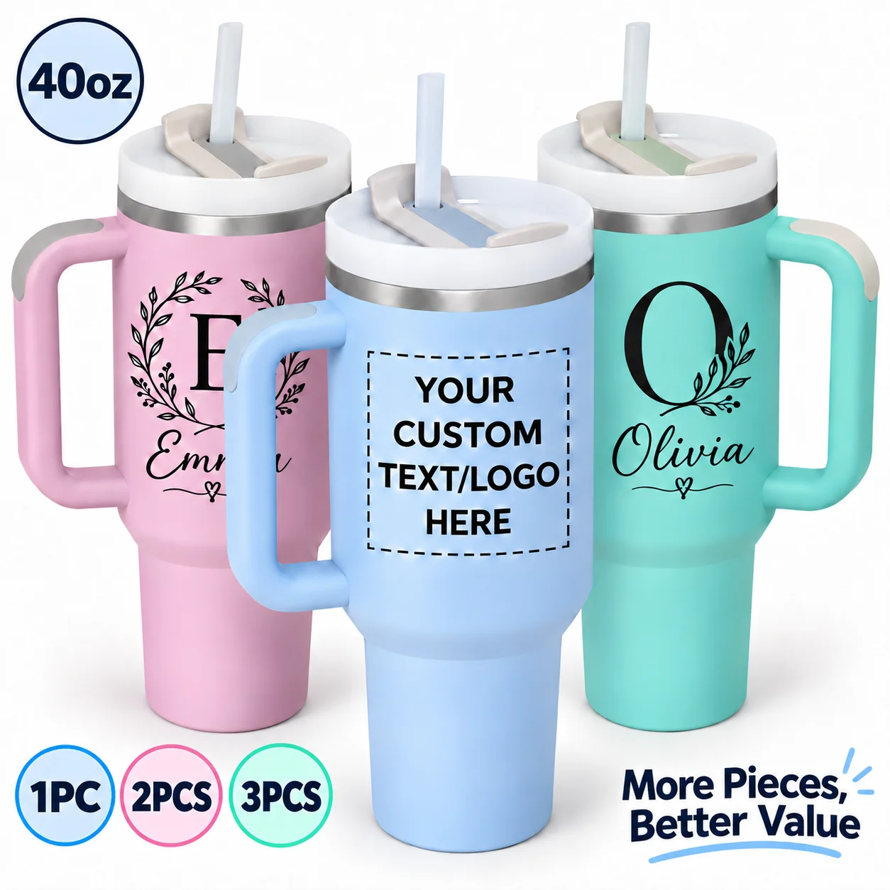 40oz Travel Tumbler Custom Logo Insulated Water Bottle with Handle Large Capacity Reusable Cup for Gym Workout Car Commute Gift