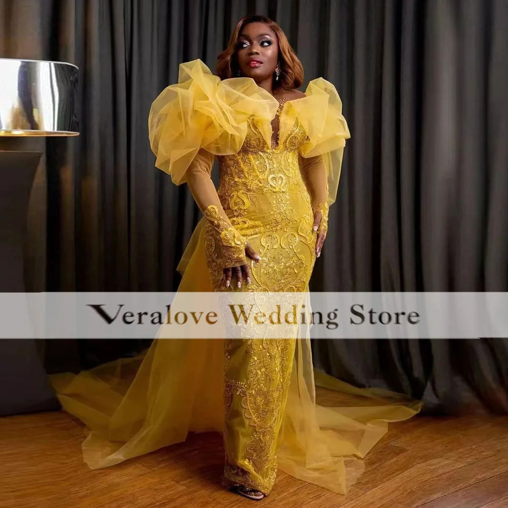 Yellow Evening Dresses Long Sleeve Appliques Lace Mermaid Prom Gowns for African Women Aso Ebi Party Dress abiti da cerimonia