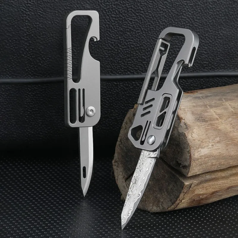 Titanium Alloy Folding Knife Damascus Blade D2 Portable Buckle Keychain Pocket Knife Outdoor Survival EDC Multitool for Men Gift