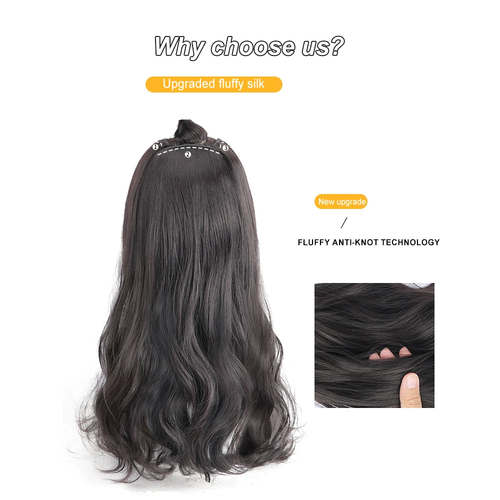 Clip in Hair Extensions Long Wavy Natural Black Synthetic Hair Extension for Asian Women 3PCS Thick Hairpieces Fiber Hair