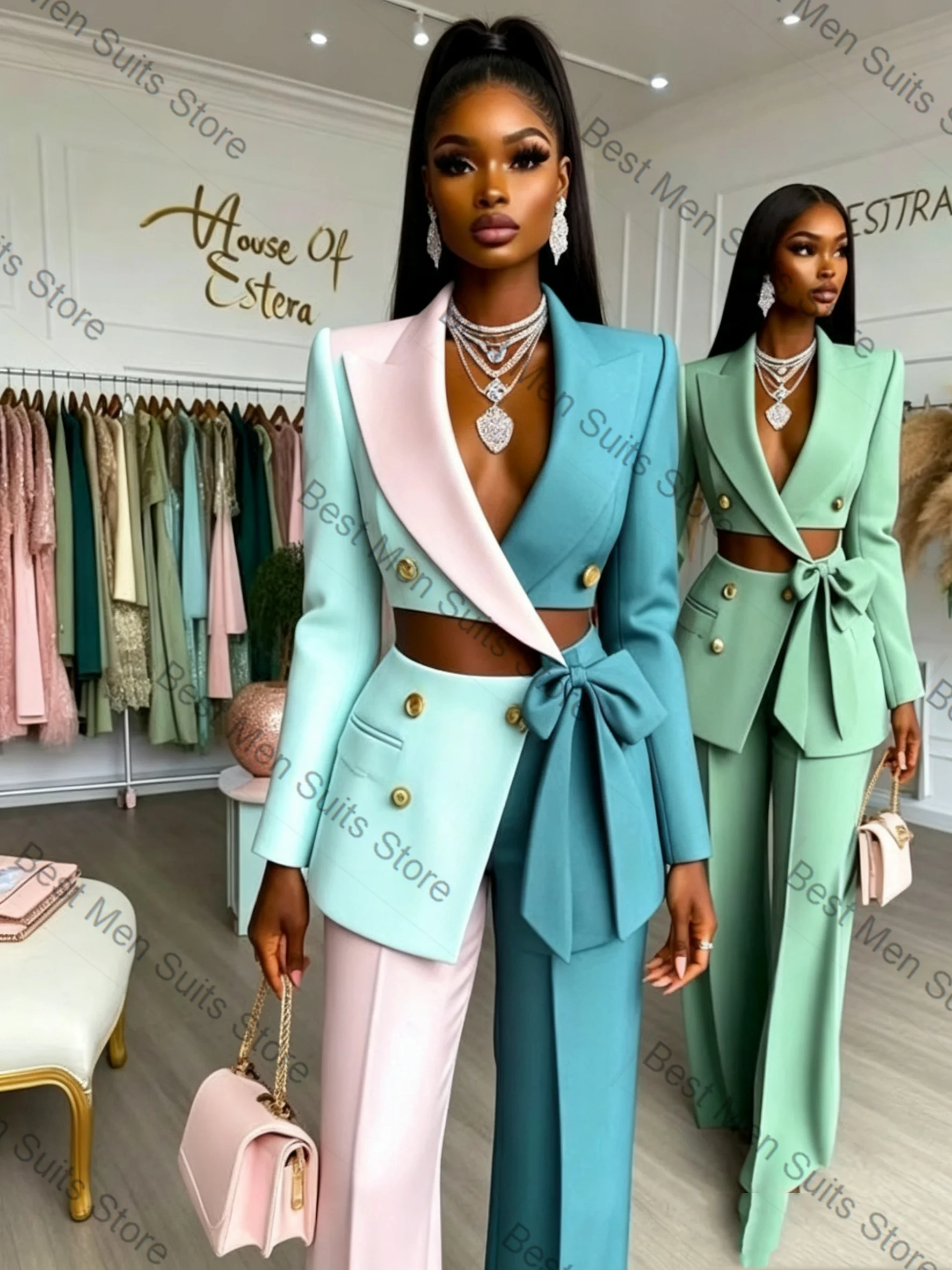 Colorful Women Suit Set 2 Pcs Blazer+Belted Pants Sexy Hollow Cotton Formal Office Lady Jacket Customized Wedding Guest Coat