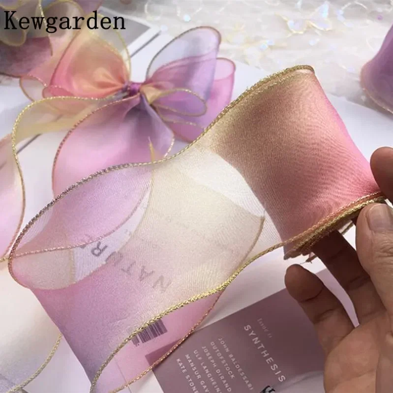 

Kewgarden 2 "55 мм золотая лента из радужной органзы с золотым краем, поделки ручной работы, аксессуары для банта для волос «сделай сам», тюль, подарочная упаковка, оптовая продажа, 38 ярдов