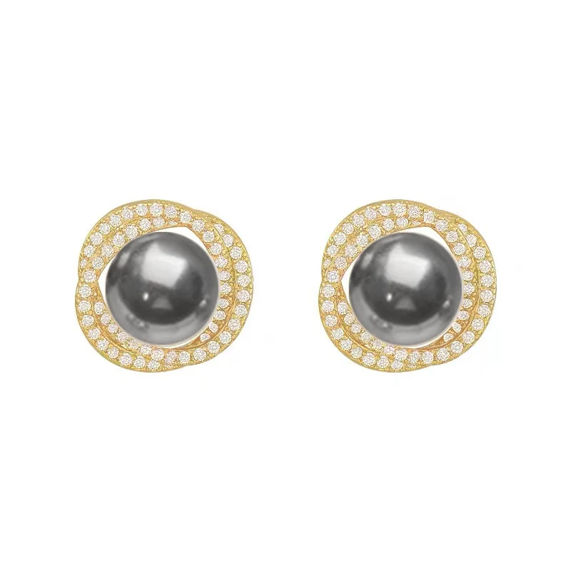 Advanced Design Micro Inlaid Zircon Spiral Grey Pearl Earrings 2025 Halloween Fashion Jewelry For Women‘s Party Ear Accessories