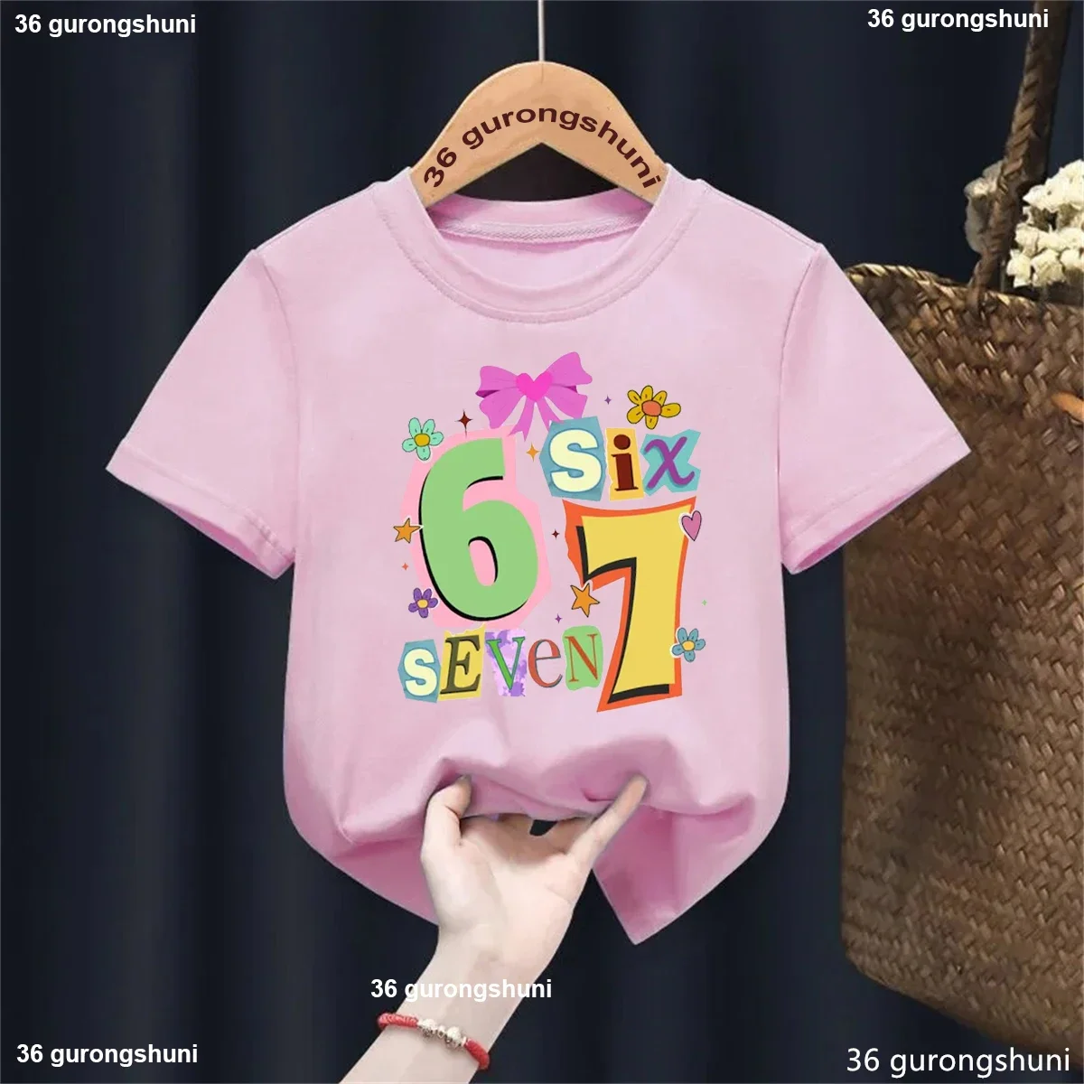 

Kawaii Kids Clothes Love Six Seven 67 Flowers Bow Star Printed T Shirt Girls Summer Short Sleeve T-Shirt Solid Tshirt Tops