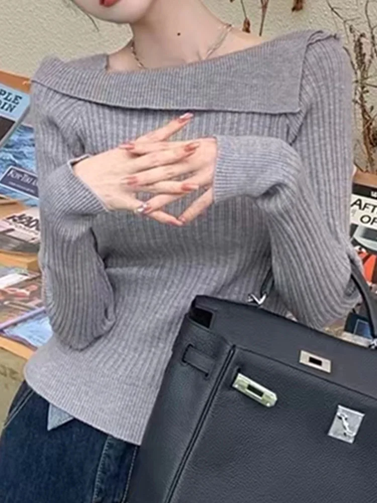 เสื้อไหมพรมแขนยาวสำหรับฤดูใบไม้ร่วงและฤดูหนาว ทรงเข้ารูป สไตล์ลำลอง คอเหลี่ยม ดีไซน์หรูหรา แฟชั่นสำหรับผู้หญิง