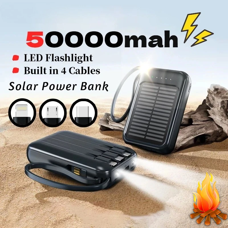 

Солнечный Power Bank на 50000 мАч с высокой емкостью, встроенным кабелем, 2 USB-портами, внешним зарядным устройством и LED-фонариком
