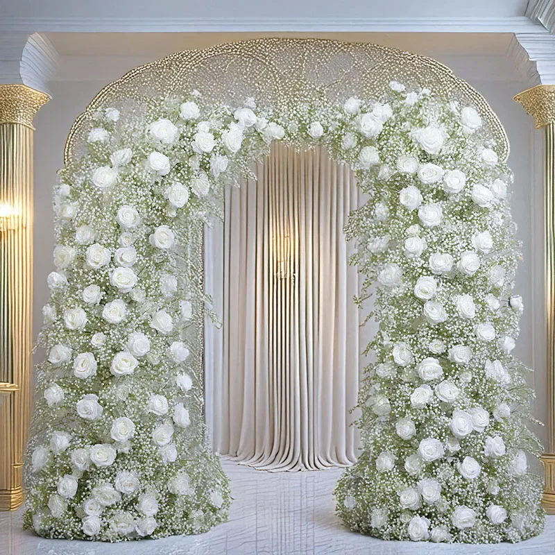 

Искусственная цветочная композиция для свадебной арки 190x230 см: белые гортензии, розы и гипсофила (композиция из цветов в форме рожек)