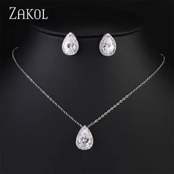 ZAKOL Classic Water Drop Zirconia Wedding Jewelry Set for Women Shiny AAA Cubic Zircon Earrings Necklace Jewelry Sets Gift