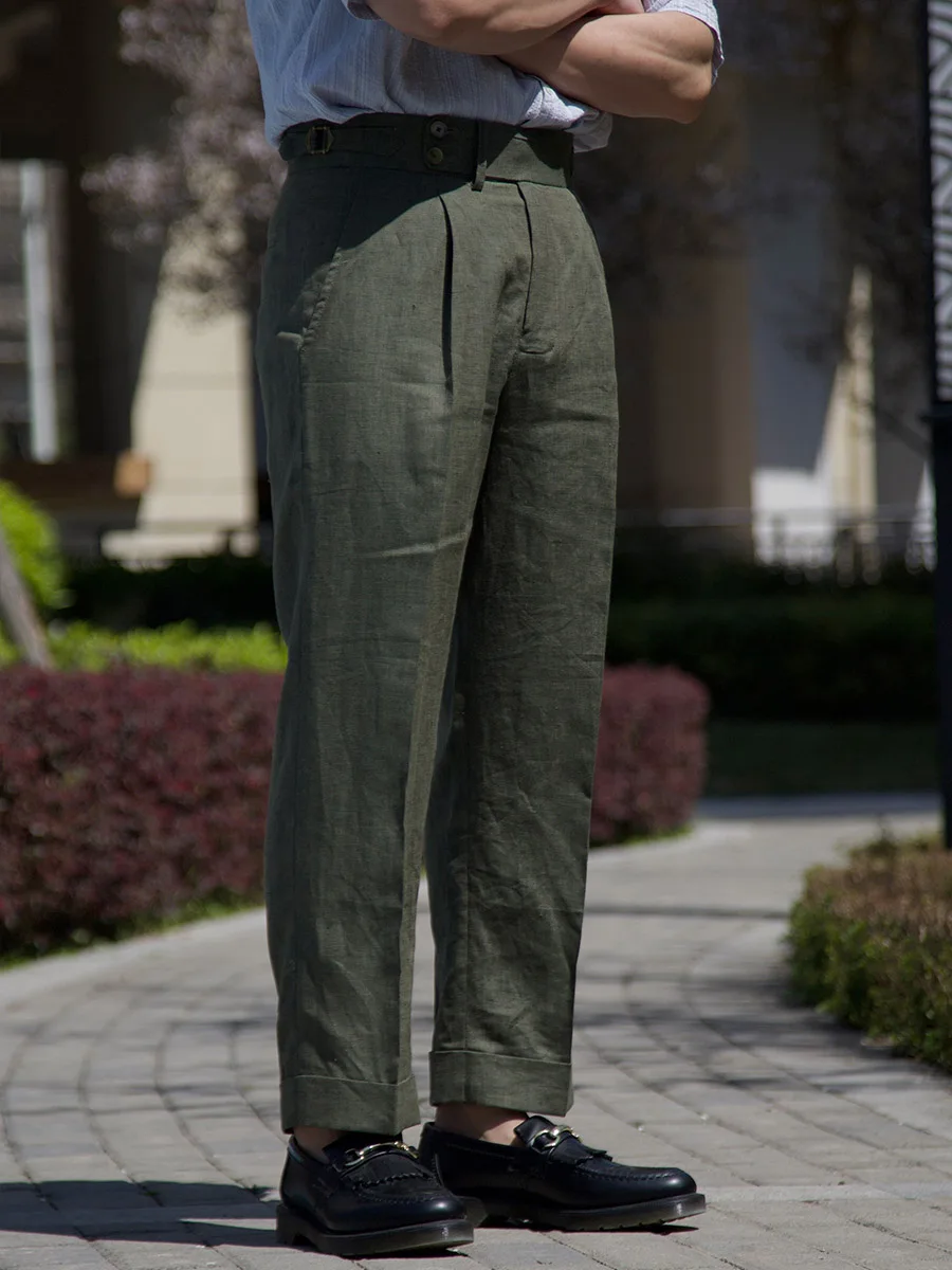 Imported linen moss green Neapolitan wide waistband micro-taper slim casual pants men suit pants pants pants can be customized