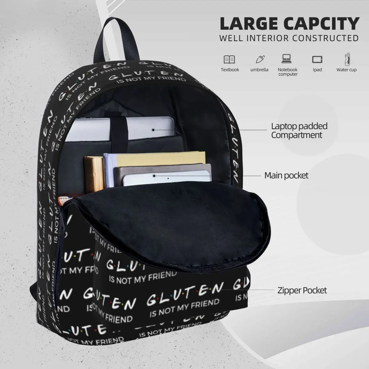 Mochilas de Grande Capacidade para Crianças, Bolsa de Livro Estudante, Bolsa de Ombro, Mochila de Viagem, Mochila Escolar, Get Free-Glúten Não é Meu Amigo