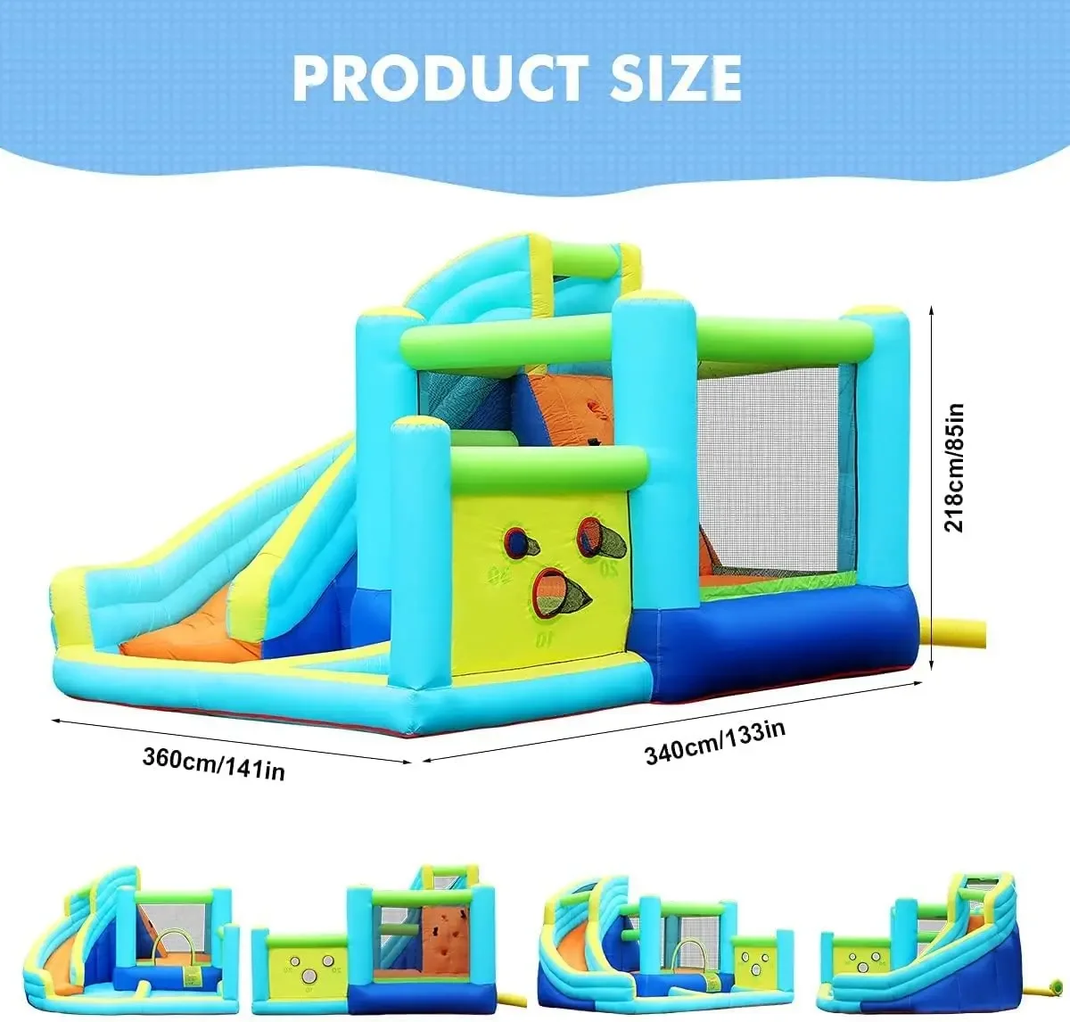 Inflatable Bounce House, Water Slide Park Slide Bouncer with Ball Shooting, Climbing Wall, Jumping and Splash Pool, Kids