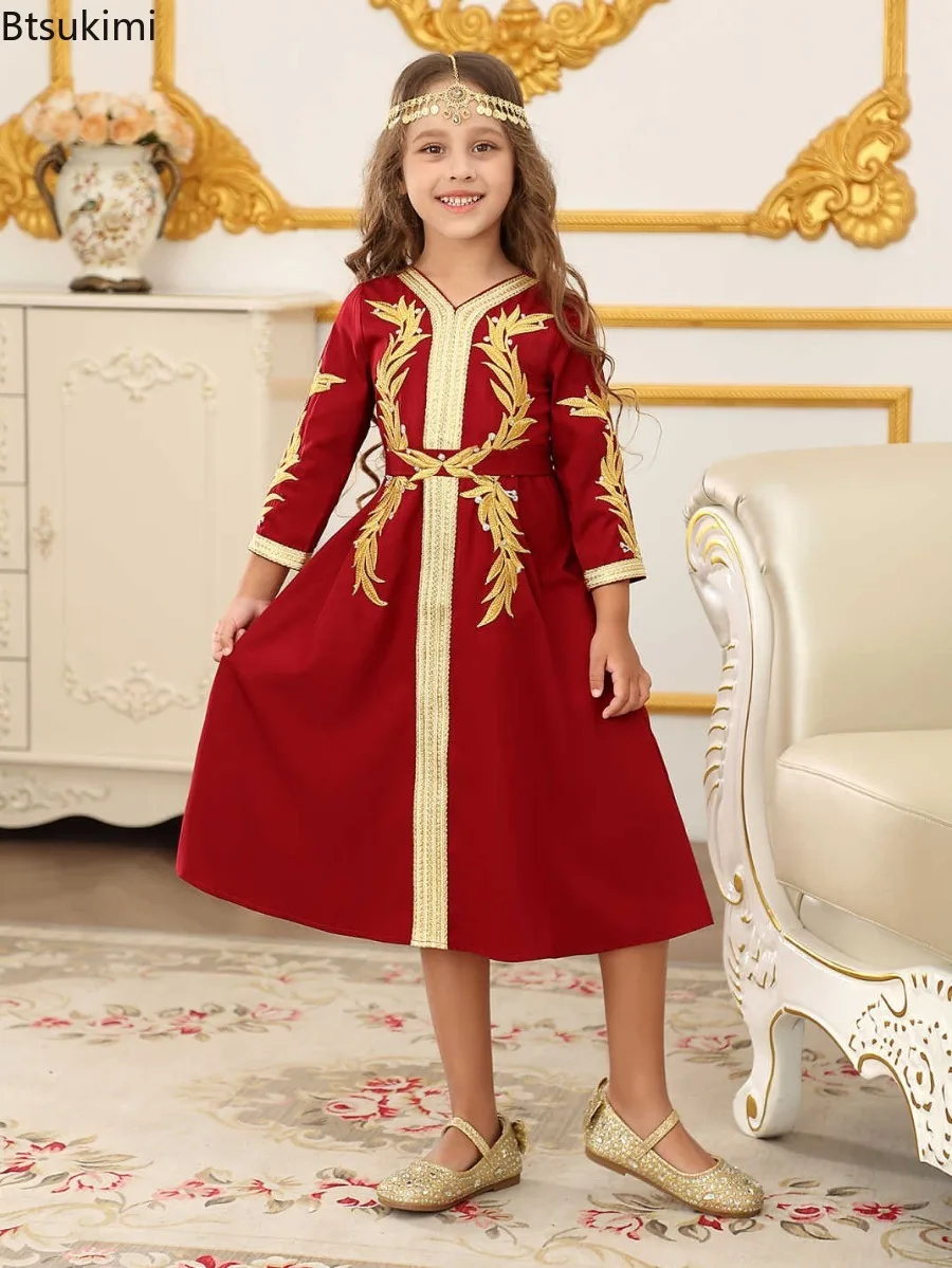 

Middle East Dubai Embroidery Abaya Kids Muslim Robe Loose Casual Girl Long Sleeve V-neck Dress Turkey Dubai Luxury Party Dresses