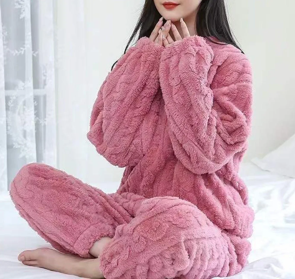 طقم بيجامات شتوية دافئة من المخمل المرجاني للنساء ملابس نوم سميكة منفوشة بدلة صالة ملابس منزلية مريحة وناعمة ملابس خارجية للطقس البارد #5