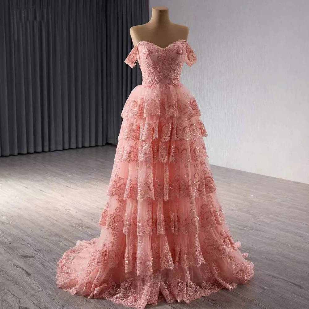 Robe De Soirée Femme Abiti da sera rosa Sweetheart con spalle scoperte Lace Up Back Paillettes Ricamo a strati Abito da ballo donna 2025