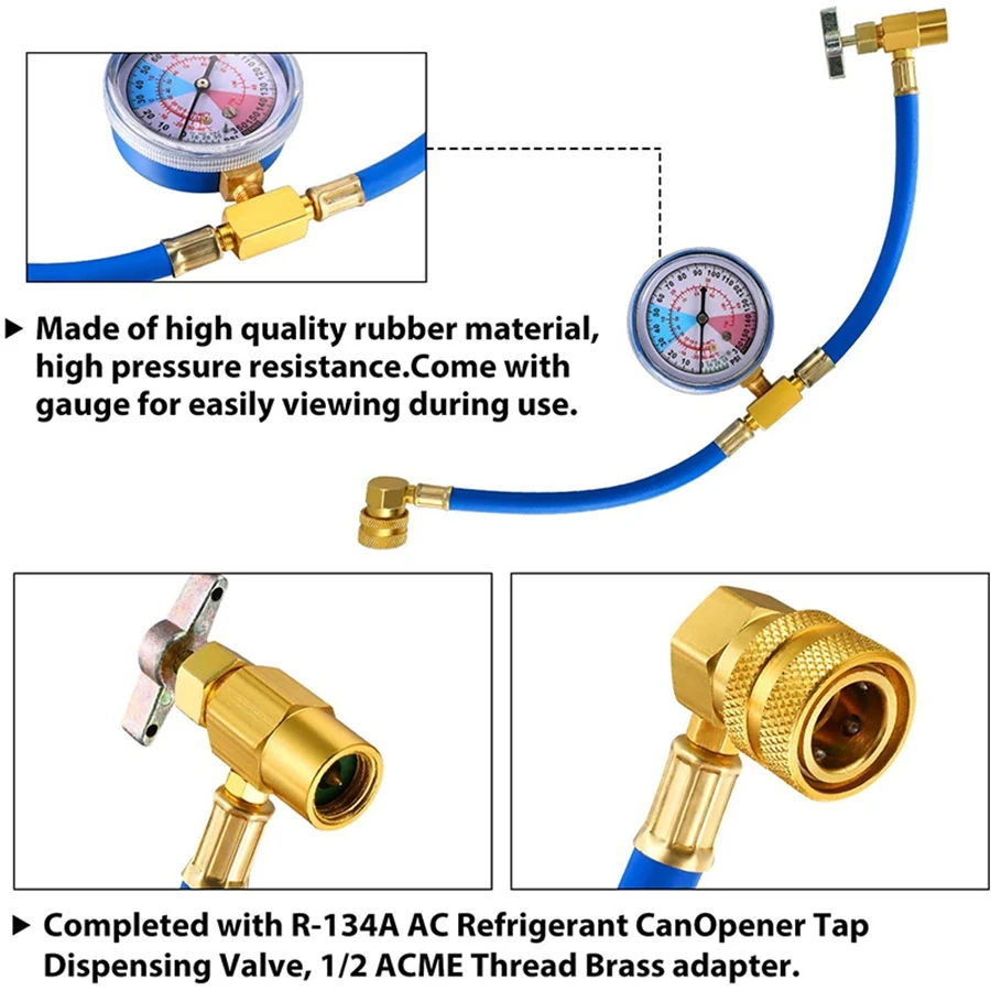 3 Pack BPV31 Piercing Tap Valve Kits U-Charging Hose Refrigerant Can Tap with Gauge R134A Can Connect to R12/R22 Port