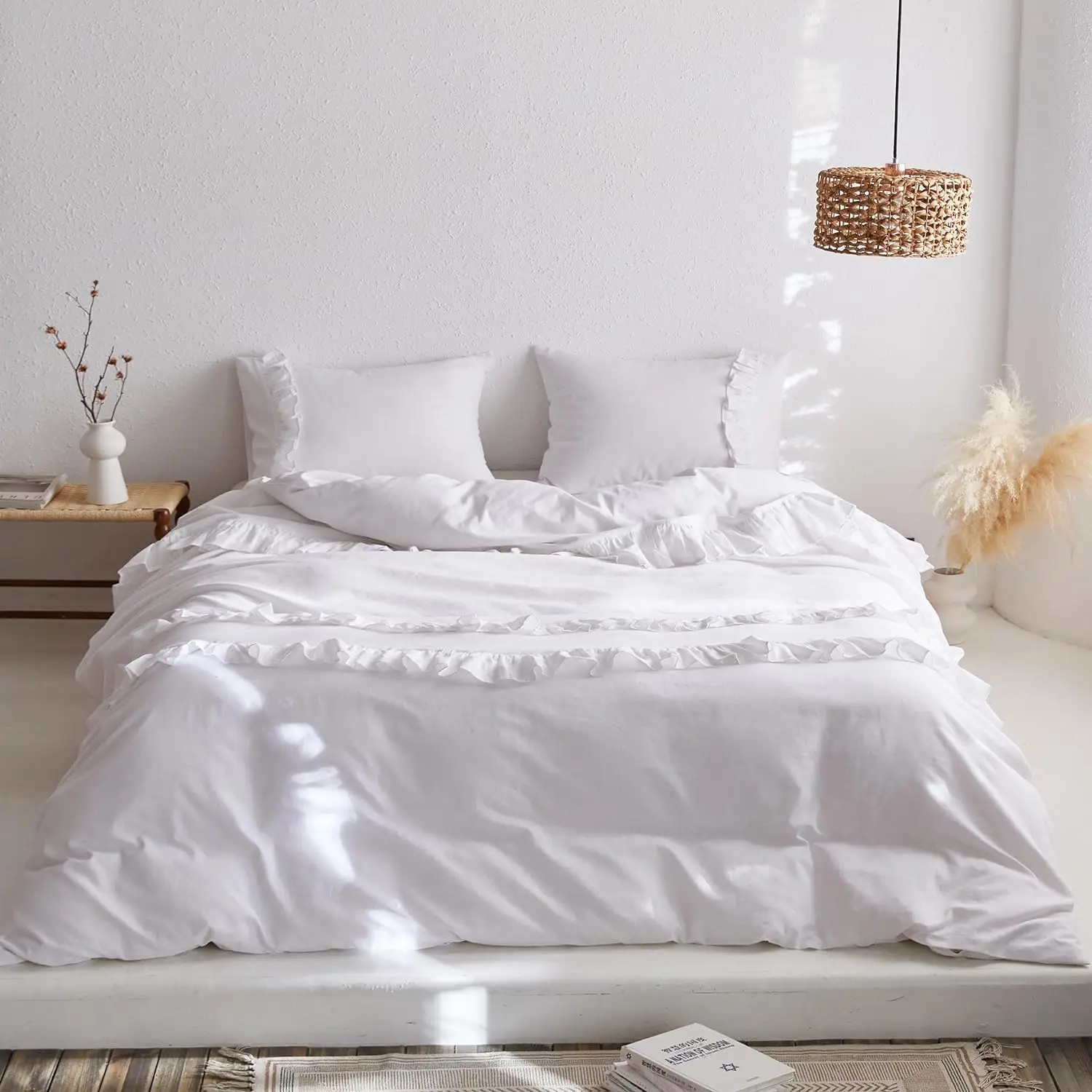 Simple&Opulence Ruffled Linen Duvet Cover Set 3Pcs Vintage Shabby Chic Multiple Frills Natural Cotton Blended Luxury Bedding