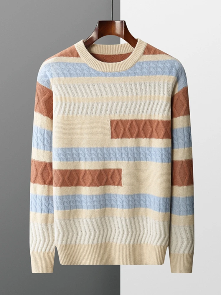 

TLOML Autumn Winter Men Cashmere Sweater Thick O-neck Pullover 100% Merino Wool Knitwear Color blocking Knitting Comfy Sweater