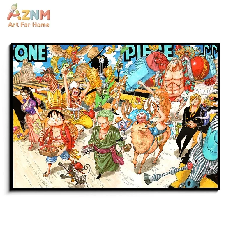 AZNM One Piece Straw Hat Pirates Full Crew Anime Frameless Canvas Wall Art, Original Manga Color Art Home Living Room Decor Pain