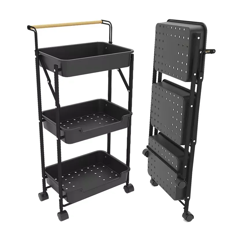 3 Tier Metal Rolling Cart Kitchen Storage Rack Vegetable Organizer with Wheels Household Bathroom Trolley Shelf