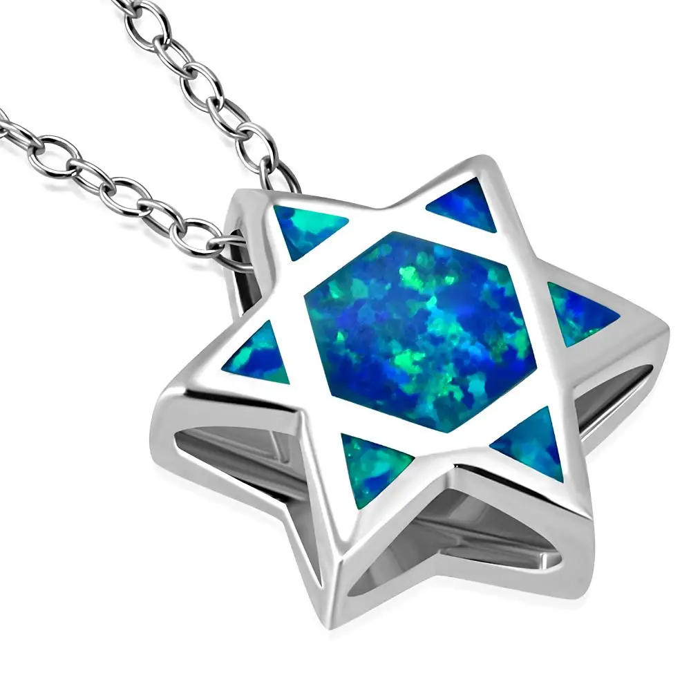 Double Faced Star of David Blue White Opal Pendant Necklace Jewish Jewelry