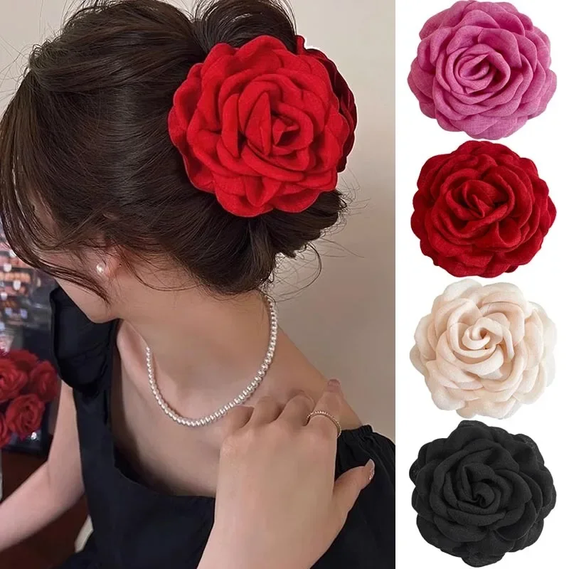 Elegant Fabric Rose Flower Hair Claw Women French Large Shark Clip Crab Clamp Fashion Headwear Girls Hair Accessories