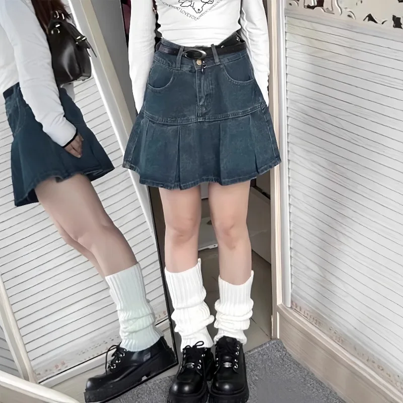 Korean Style Fashion Y2k Spice Girls High Waist Pleated Denim Short Skirt Summer A-line Kawaii Blue Jeans Mini Skirts for Women
