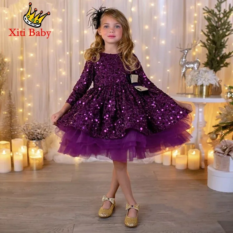 Purple Glitter Bowtie Lush Girl Party Dresses Elegant Fluffy Girl Princess Dress Shiny luxurious Birthday Wedding Dress Girl