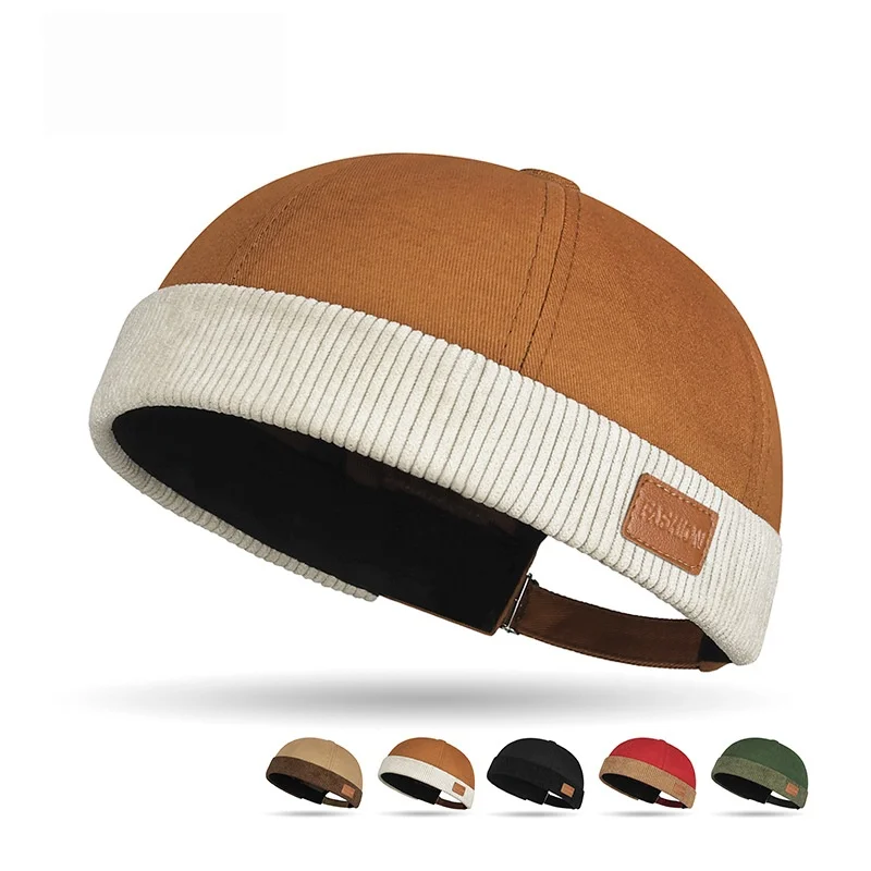 Color blocked Tang hat trendy yuppie sailor spliced striped velvet leather logo landlord hat