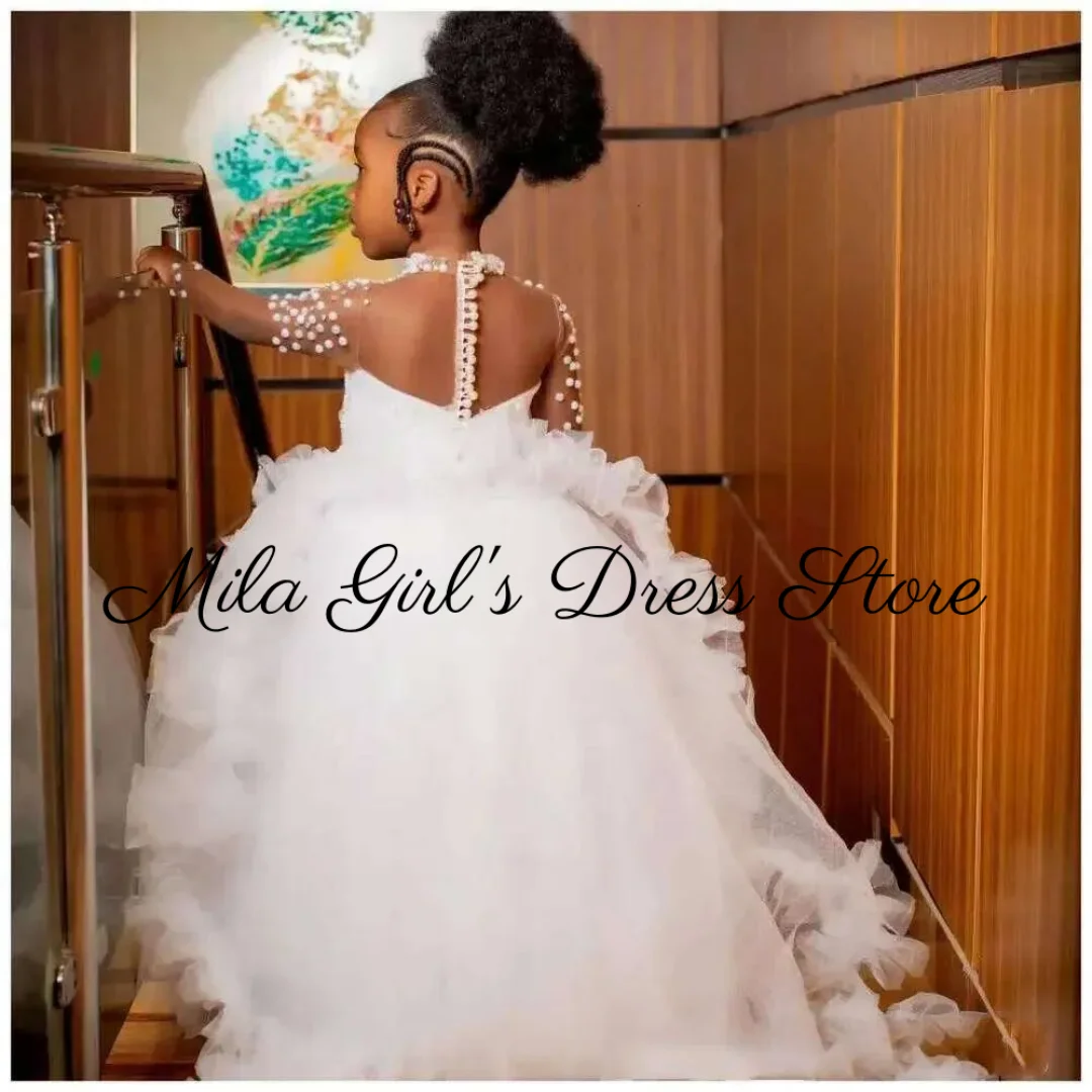 White Flower Girl Dress For Wedding Beaded Pearls Tulle Puffy Floor Length Princess Kids Birthday First Communion Ball Gown