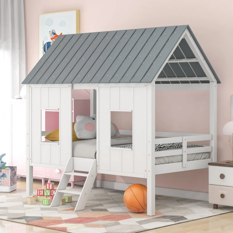 

Двухъярусная кровать-домик Twin Size с низким каркасом, крышей и двумя передними окнами, белая, для современной спальни, экономия пространства