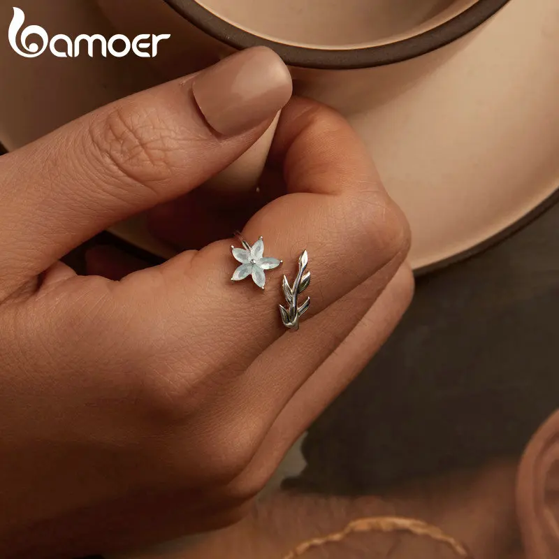 Bamoer 925 Sterling Silber exquisite Blume Öffnung Ring Blatt verstellbaren Ring für Frauen Geburtstags geschenk edlen Schmuck