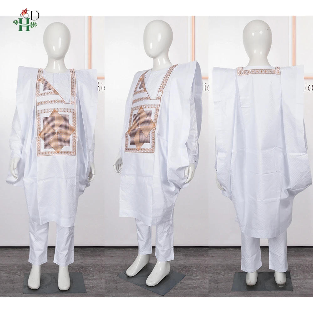H&D African Traditional Outfits Clothes White Top Shirt Pants Suit Embroidery Dashiki Robe Bazin Rich Set